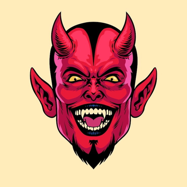 Vector laughing devil head with vintage hand drawing style