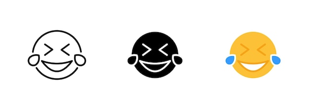 The laughing face emoji which is yellow in color shows a face with closed eyes and a wide open mouth with teeth showing Vector set of icons in line black and colorful styles isolated