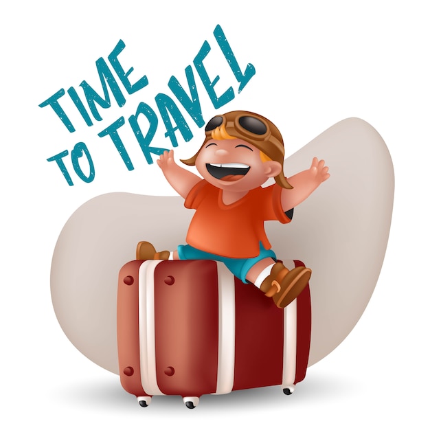 Laughing little boy in orange t-shirt and pilot glasses sitting with raising hands on brown suitcase. kid traveler character   illustration with time to travel sign isolated