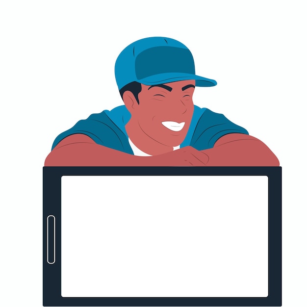 Laughing man in a cap with a tablet Place for text Color flat vector illustration