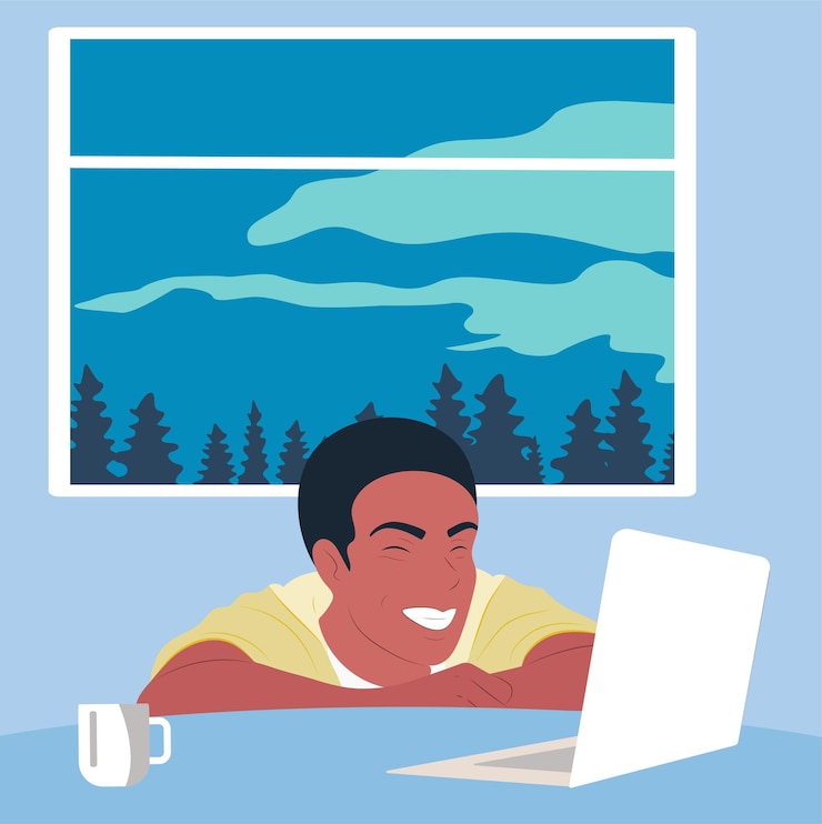 Vector laughing man with laptopvideo call color flat vector illustration