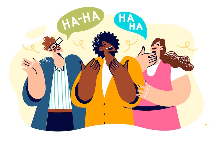 Vector laughing people who hear joke or satirical phrase from boss demonstrate positive mood and jubilation