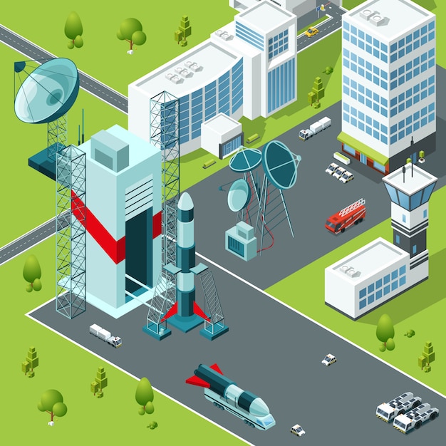 Vector launch pad of the spaceport. isometric buildings