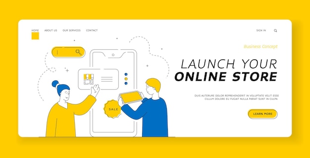 Vector launch your online store landing page banner template. woman showing online store website to man and helping to choose goods during sale. flat style illustration, thin line art design