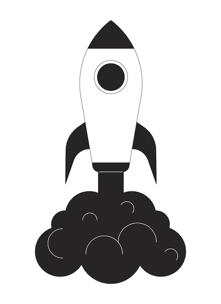 Launching rocket with dark smoke flat line black white vector object