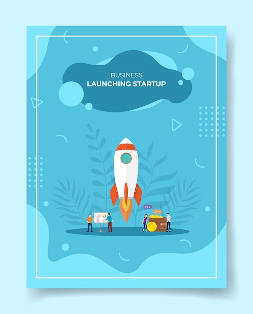 Launching startup concept people around rocket fly takeoff chart board wallet coin for template 