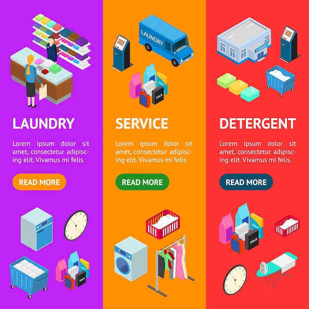 Laundry Banner Vecrical Set 3d Isometric View Inclusive van het strijken van kleding wassen en kantoor Vector illustratie van Service Household