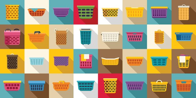 Vector laundry basket icons set flat vector clothes dirty