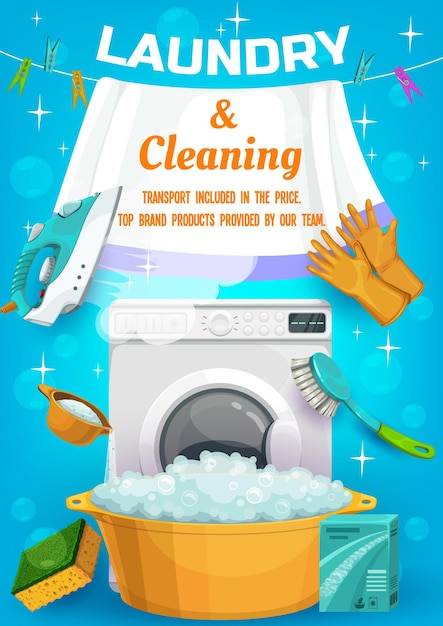 Vettore annuncio di servizio di lavanderia e pulizie con lavatrice attrezzi per lavori domestici