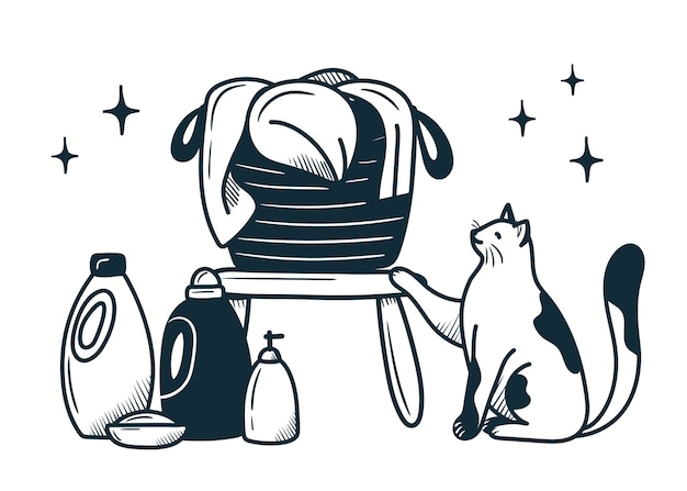 Концепция прачечной. грязное белье в корзине, моющие средства и кот. мультяшный каракули стиль