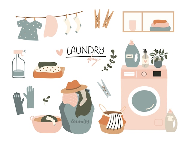 Vector laundry day elements set.