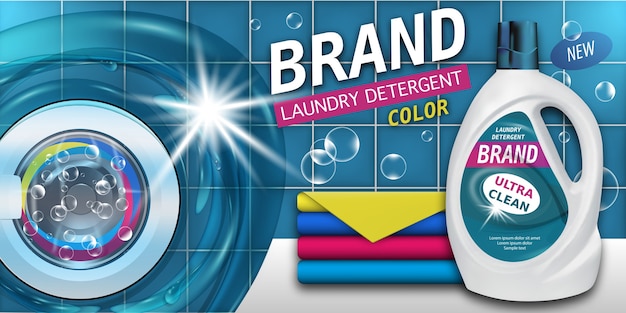 Laundry detergent in plastic container, package design for liquid detergents ads with washing machine.