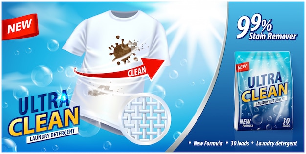 Laundry detergent, stain remover ad template. ads poster on blue background with white t-shirt and stains