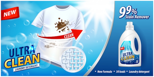 세탁 세제, 얼룩 제거제 광고 템플릿. 흰색 티셔츠와 파란색 배경에 광고 포스터. 삽화