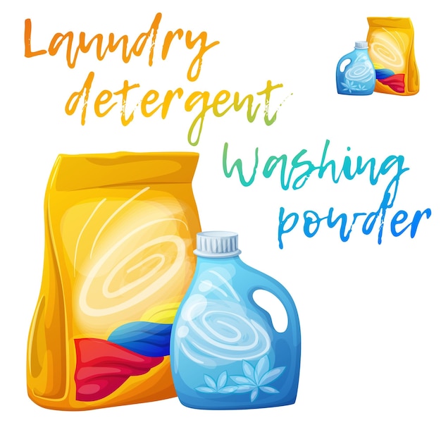 Vector laundry detergent and washing powder cartoon vector icons isolated on white background