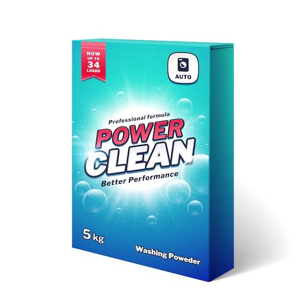 Laundry detergent, washing poweder product box vector template. detergent powder packaging for hygiene and wash cloth illustration