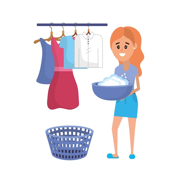 Vector laundry equipment and woman doing a domestic job