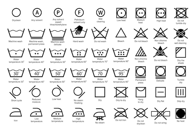 Vector laundry icons garment care instructions on labels machine wash or hand wash signs collection of symb