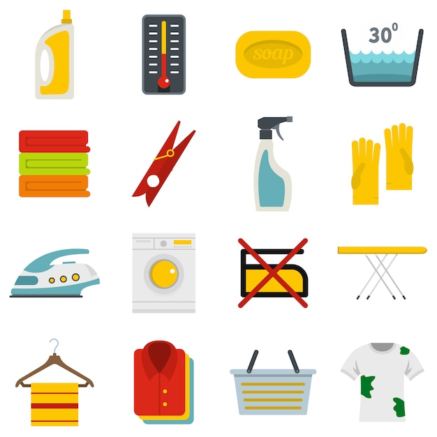 Laundry icons set in flat style