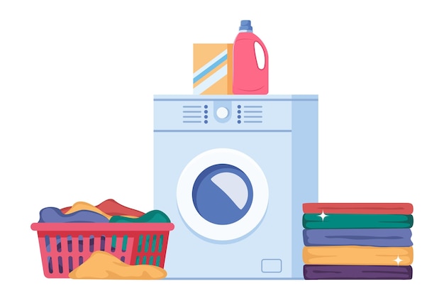 Vector laundry infographics with sequence of four different stages of washing process washing clothes