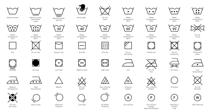 Vector laundry instruction line icon set care wash information symbol collection hand or machine wash iron