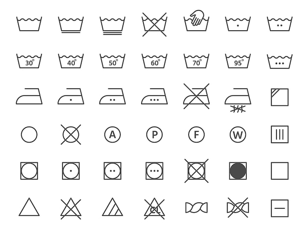 Vector laundry label instruction line icons for clothes fabric hand washing drying temperature and ironing textile cleaning symbol vector set