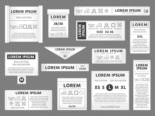 Vector laundry labels drying cleaning labels with washing and ironing instructions cotton thread emblem