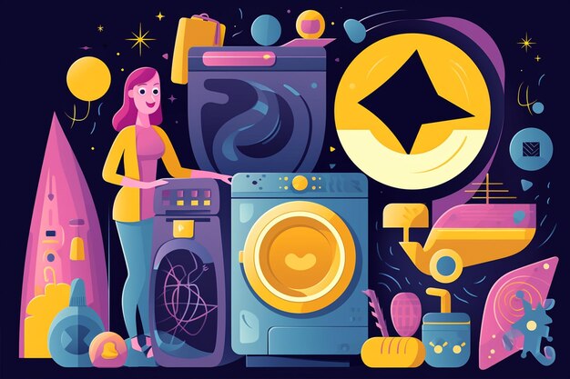 Laundry Machine Woman Holding Elements