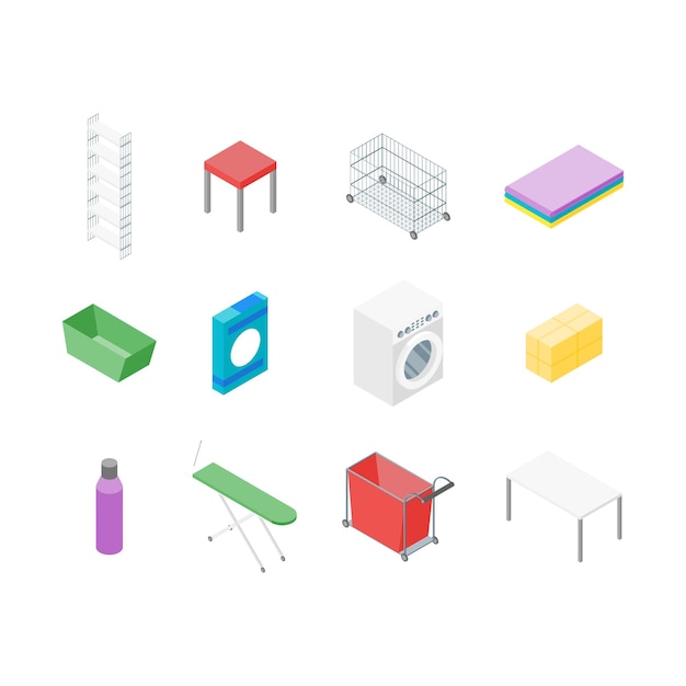 Laundry Room Icon Set Isometric View Vector