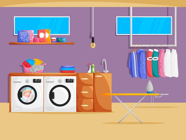 Vector laundry room interior in the basement with washing machine dryer clothes windows and furniture