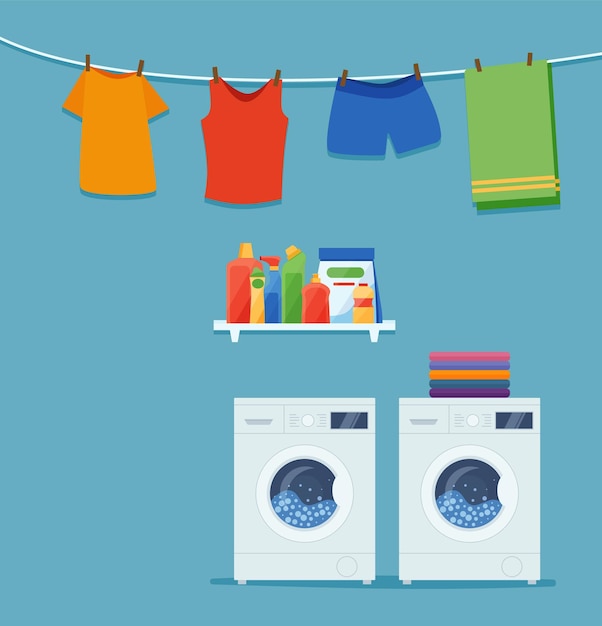 Vector laundry room interior with washing machine, clothes and cleaning products. eps 10