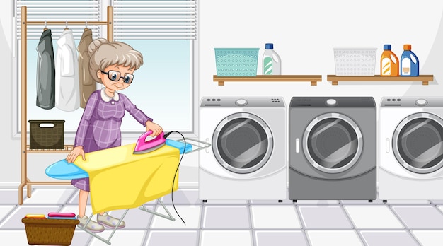 Scena della lavanderia con una donna anziana che stira i suoi vestiti Vettore Premium