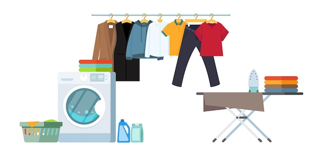 Laundry room with facilities for washing. Flat style illustration.