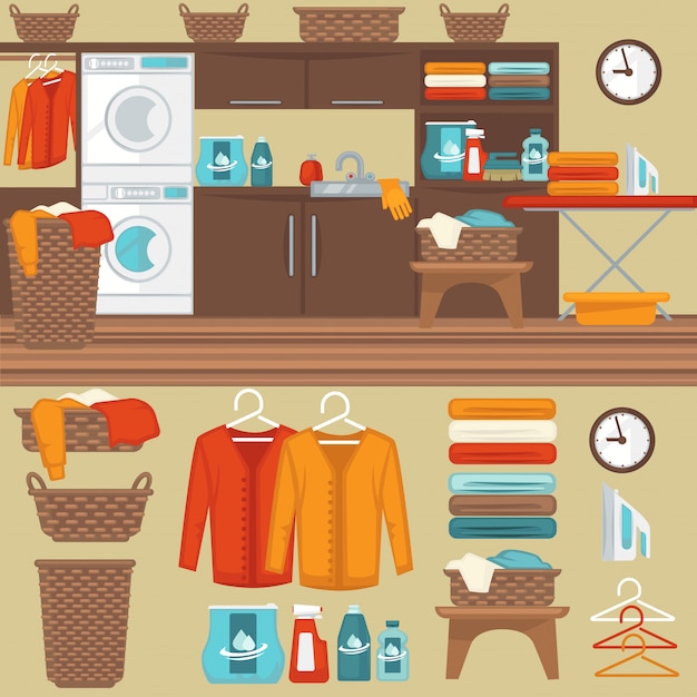 Vector laundry room with washer illustration.