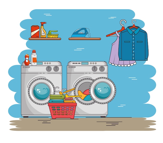 Vector laundry room with washing machine and clothes