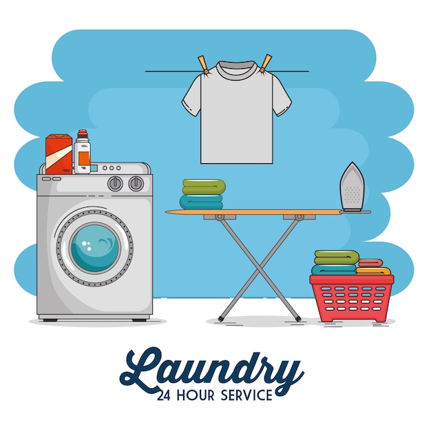 Vector laundry room with washing machine and clothes