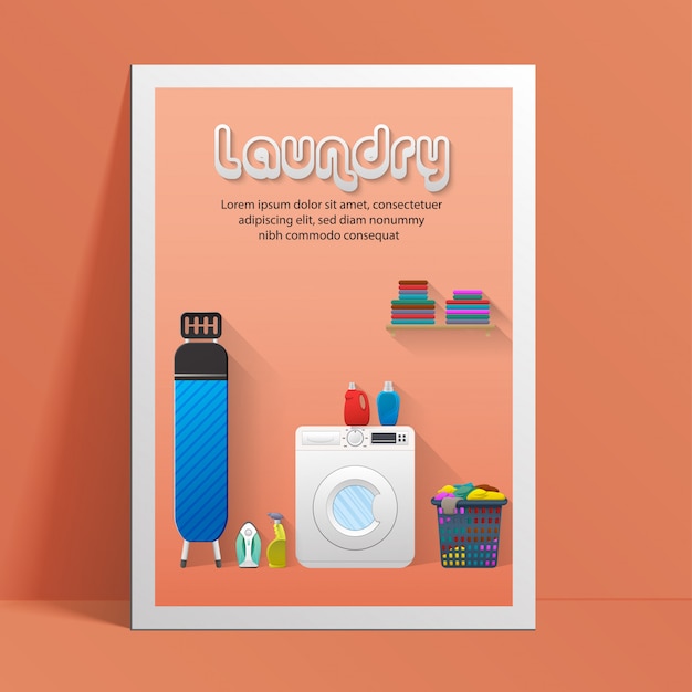 Laundry service banner template with laundry room view