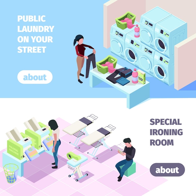 Vector laundry service banners people in cleaning room washing self clothes in laundromat win fresh conditioner cleaning garish vector isometric illustrations with place for text