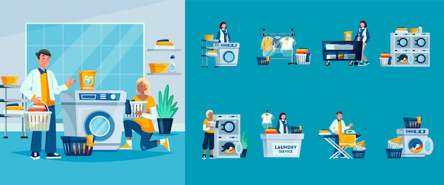 Vector laundry service illustration and icons in flat design