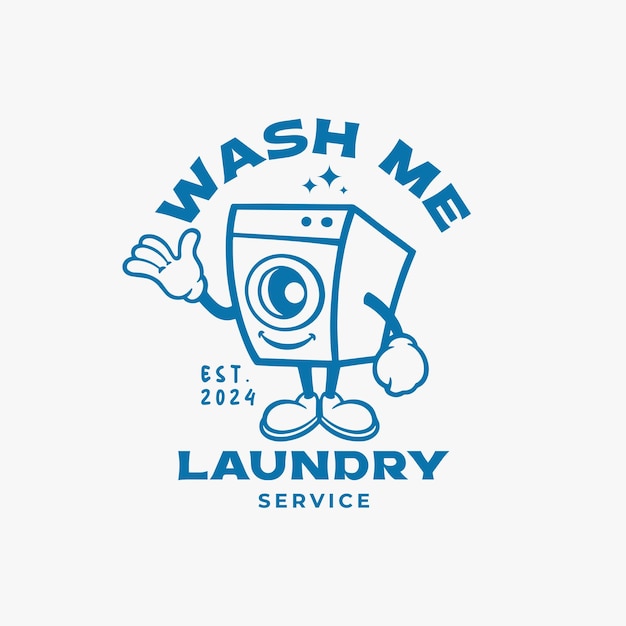 laundry service logo design template with washing machine cartoon character