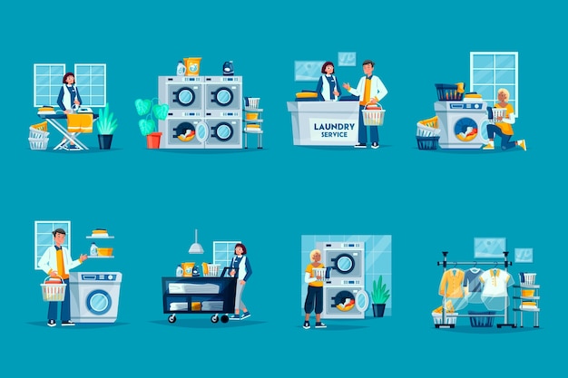 Vector laundry service scenes in flat design