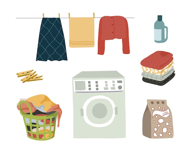 Laundry set isolated elements on white