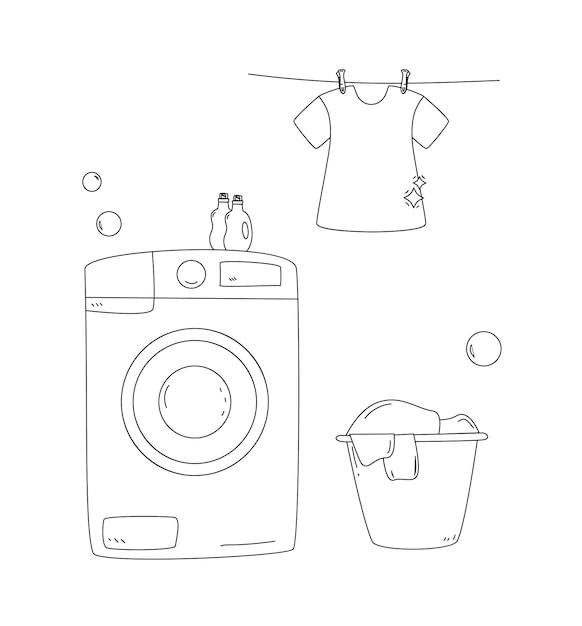 Laundry set washing machine basket linen doodle style vector