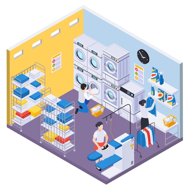 Laundry washing isometric composition with indoor view of room with washing machines skirt boards and workers