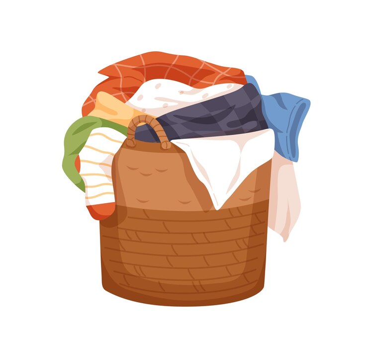 Vector laundry wicker basket with pile of dirty linen. hamper full of untidy stained clothes. messy heap of soiled textiles. colored flat cartoon vector illustration isolated on white background.