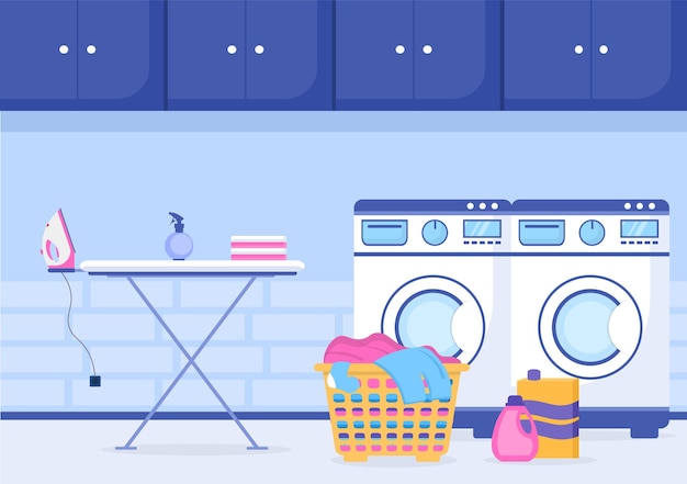 ベクトル 平らな背景の図の洗濯機と乾燥機での洗濯。バスケットに横たわっている汚れた布と女性はバナーやポスターのために服を洗っています