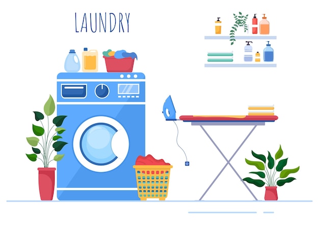 Lavanderia con lavatrici e asciugatrici in un'illustrazione di sfondo piatto. panno sporco che giace nel cestino e le donne stanno lavando i vestiti per banner o poster