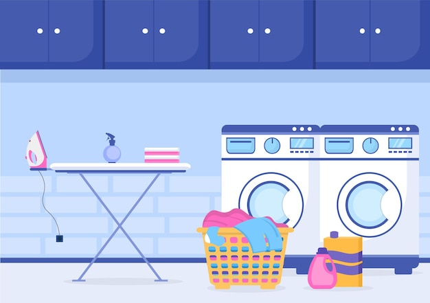 Vector laundry with wash and drying machines in flat background illustration. dirty cloth lying in basket and women are washing clothes for banner or poster