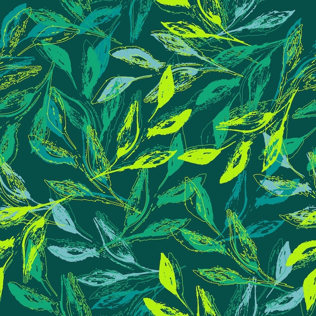 Laurel or eucalyptus tree branches with green foliage vector seamless pattern in grunge style