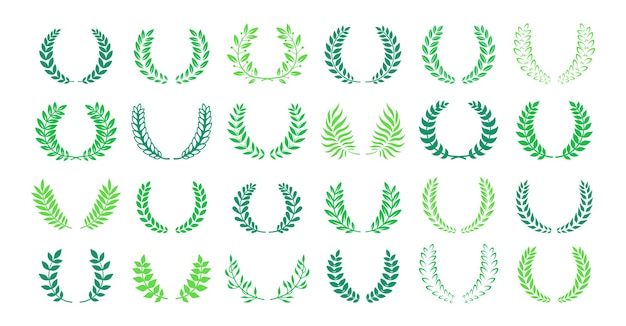 Laurel wreath award or heraldry green set. circular laurel foliate wreaths award, achievement. high quality symbol emblem branches olive plant collection. logo nobility emblem vector illustration